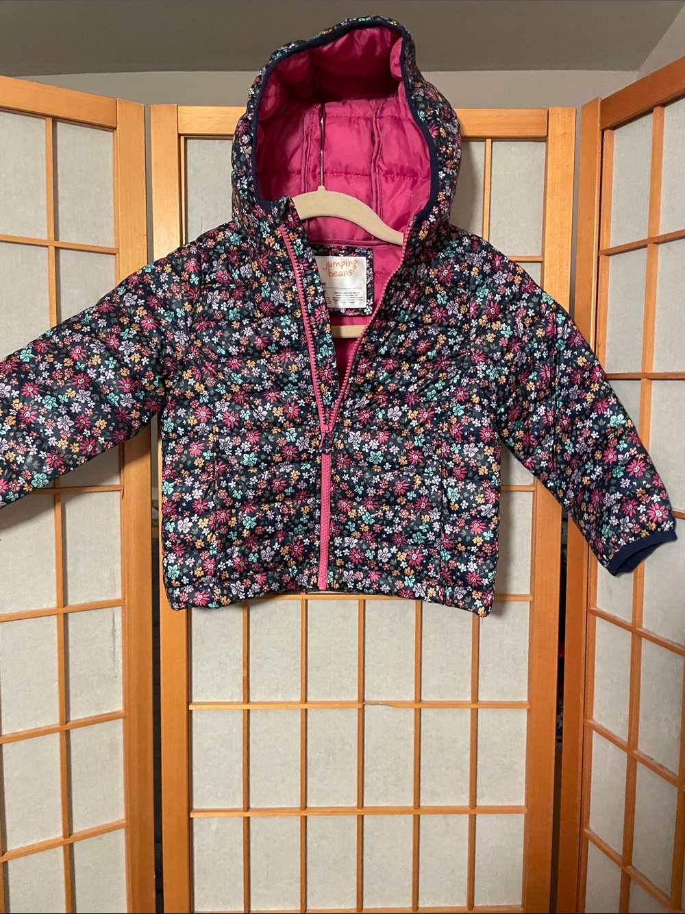 Jumping Beans Toddler Girls 3T Floral Puffer Jacket Hood Navy & Pink Full Zip